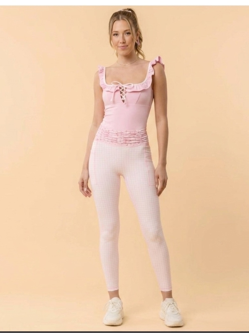 Blogilates ruched waist leggings and ruffle lace up tank set